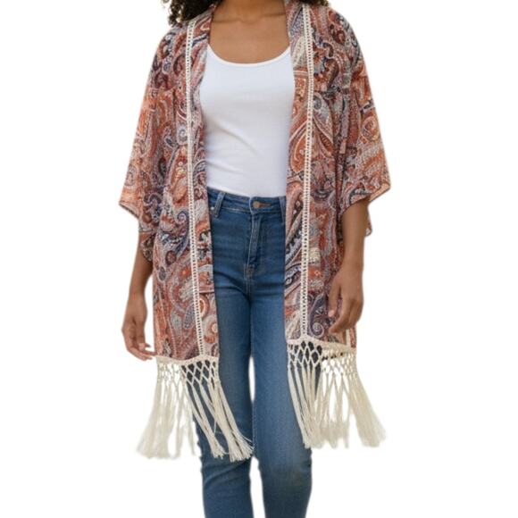 Miss Me Tops - Miss Me Boho Style Paisley Print Open Front Cardigan Fringe Hem Festival Small